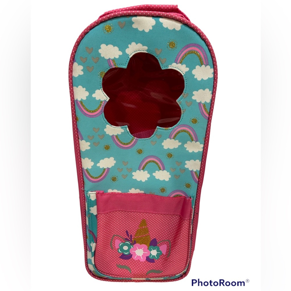 18” doll carrier with unicorn & rainbow print, like new